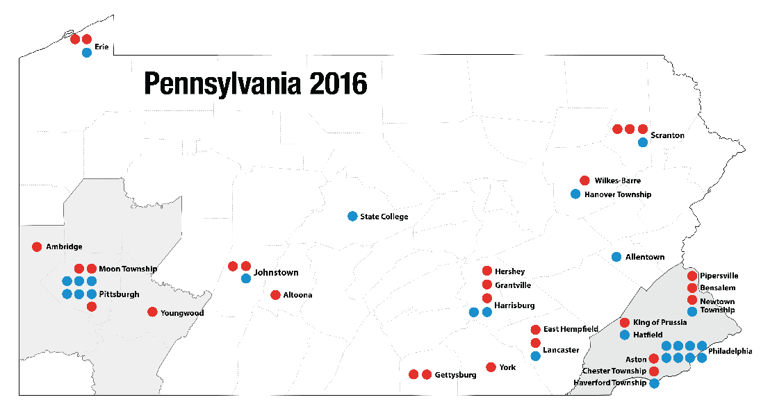 Figure 9.6 Locations of Pennsylvania’s 54 events in 2016