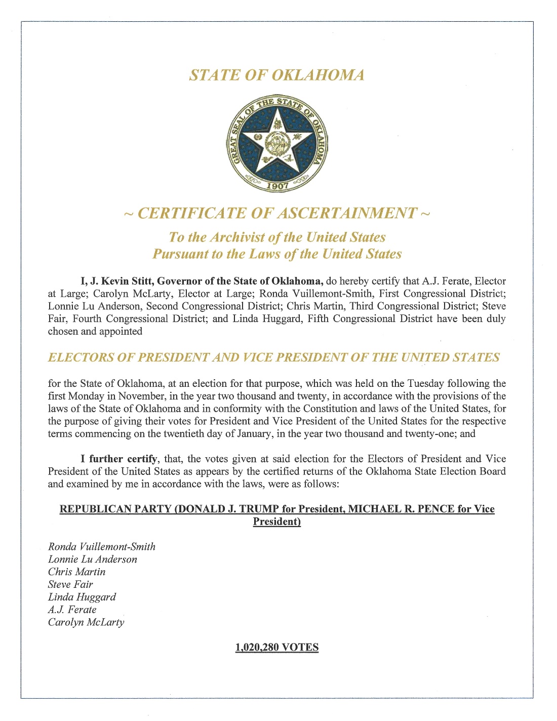 Figure 9.19 Oklahoma’s actual 2020 Certificate of Ascertainment—Page 1